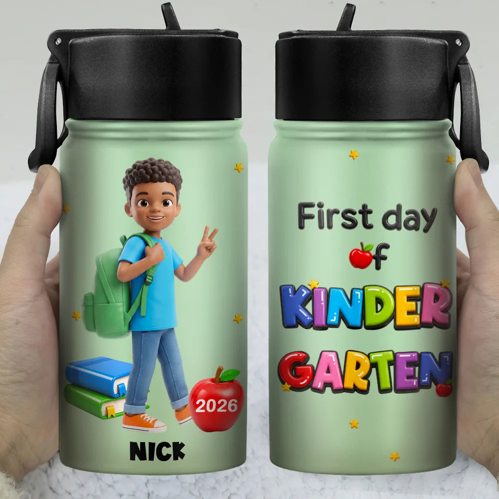 Adorable,Art Design,Back To School,Gift For Kids,Photo - Toybox Figure - Custom Photo Toybox Figure First Day Of Kindergarten - Personalized Kids Water Bottle