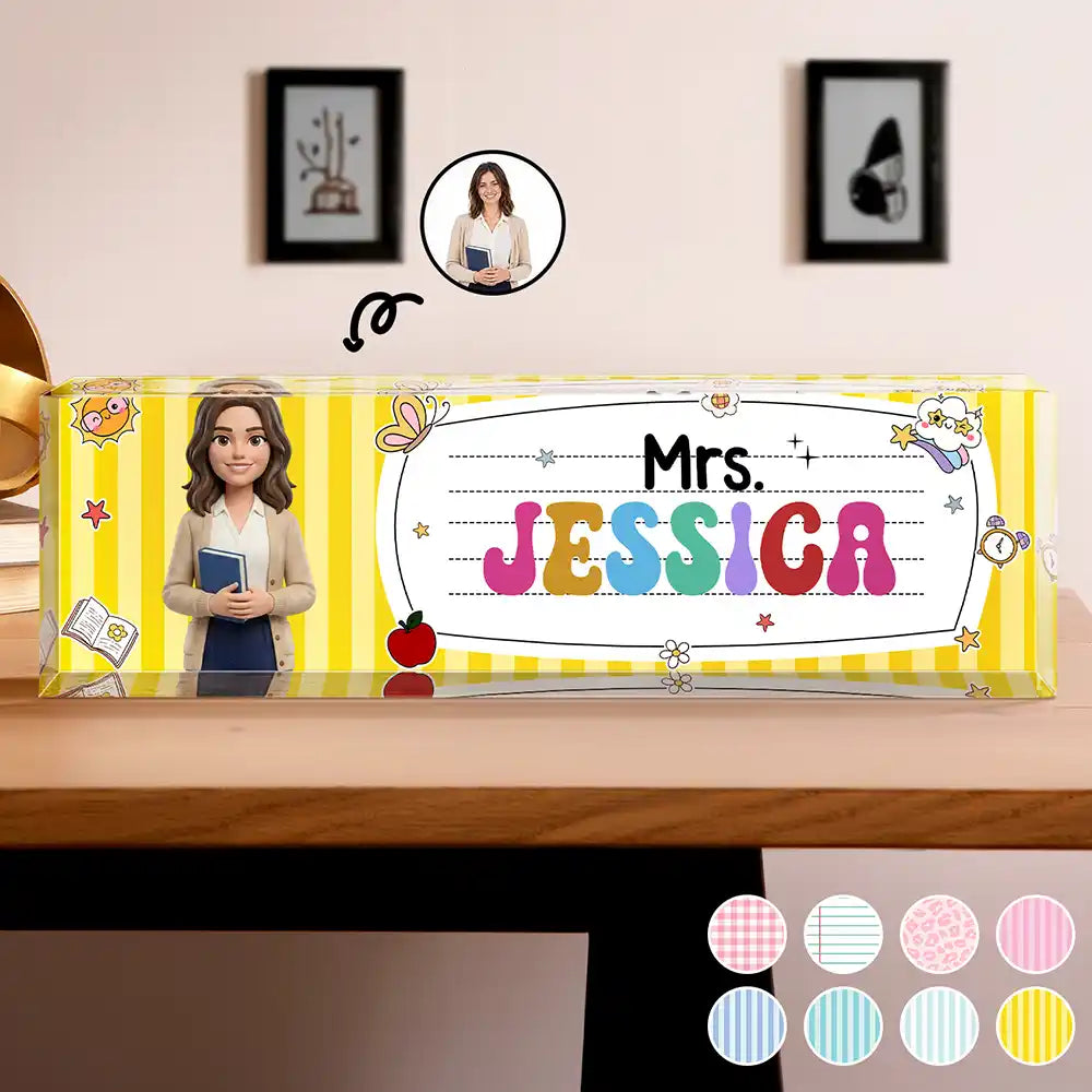 Art Design, Teacher, Back To School, Proud, Photo - Toybox Figure Half Body - Custom Photo Toybox Figure Teacher With Striped Pattern - Personalized Desk Name Plate