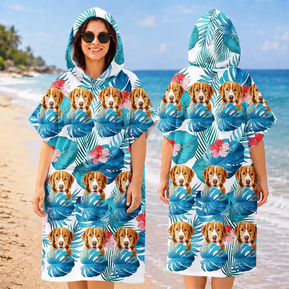 Humorous,Beach,Custom Photo,Summer,Pet Lovers,Cut-Face Photo,Icon - Custom Photo Tropical Funny Pet Family Face - Personalized Hooded Poncho Towel