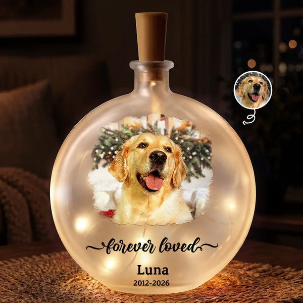 Art Design,Christmas,Pet Memorial,Sympathetic,Pet Lovers,Memorial,Photo - Watercolor - With BG - Custom Photo Watercolor Painting Memorial Pet Forever Loved - Personalized Round Flat Bottle Light