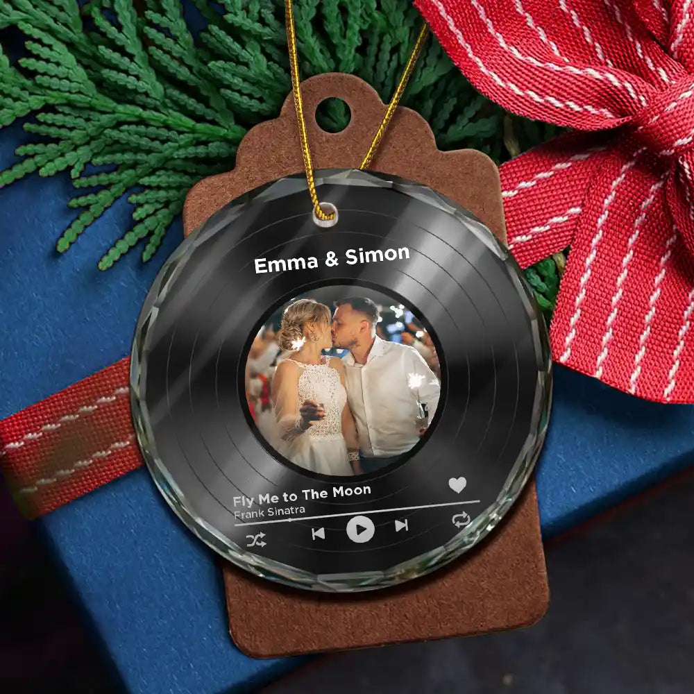 Christmas,Custom Photo,Gift For Couples,Gift For Husband,Gift For Wife,Gift For Boyfriend,Gift For Girlfriend,Happy - Custom Photo Wedding Song Favorite Couple Song - Personalized Circle Glass Ornament