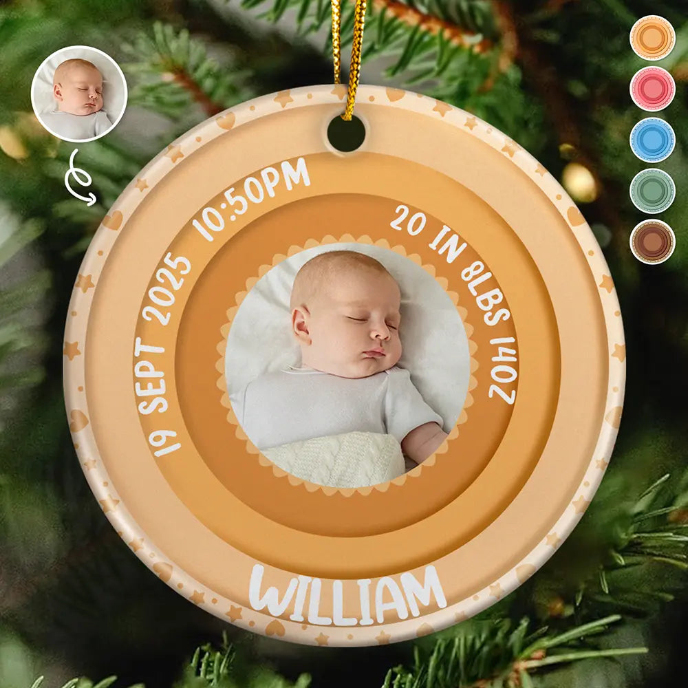 Christmas, Family, New baby, Happy - Custom Photo Welcome To The World Baby Stats - Personalized Circle Ceramic Ornament
