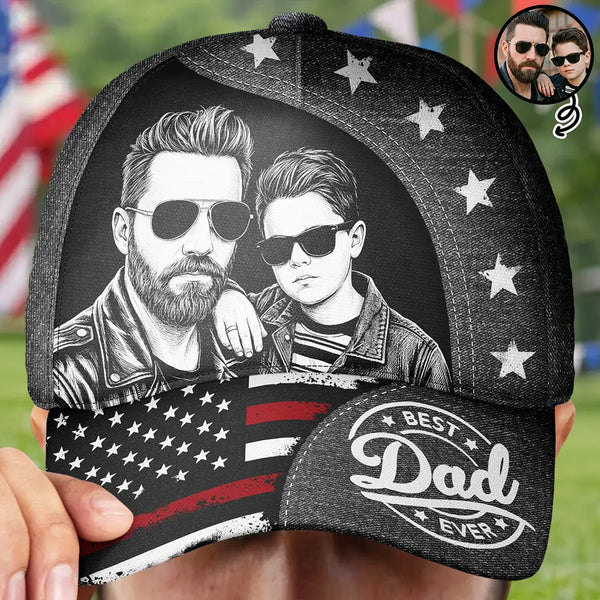 Gift For Father,Custom Photo,Independence Day,Art Design,Top Market,Confident,Photo - Pencil Sketch - Dark BG - Custom Photo White Pencil Sketch Art Best Dad Papa Ever - Personalized Classic Cap