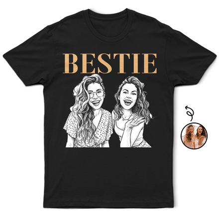 Custom Photo White Pencil Sketch Art Bestie Sister Portrait - Personalized T Shirt