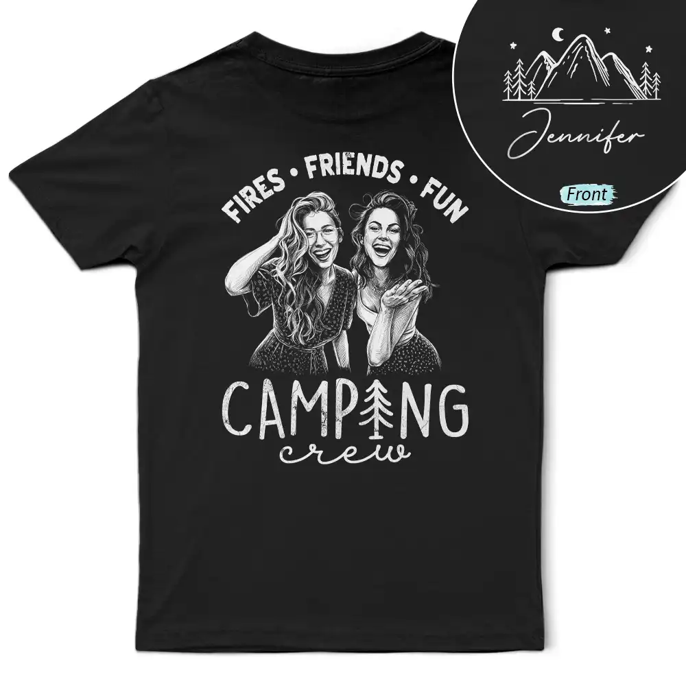 Art Design, Gift For Bestie, Humorous, Summer, Photo - Pencil Sketch - Dark BG - Custom Photo White Pencil Sketch Art Camping Crew Fires Friends Fun - Personalized T Shirt