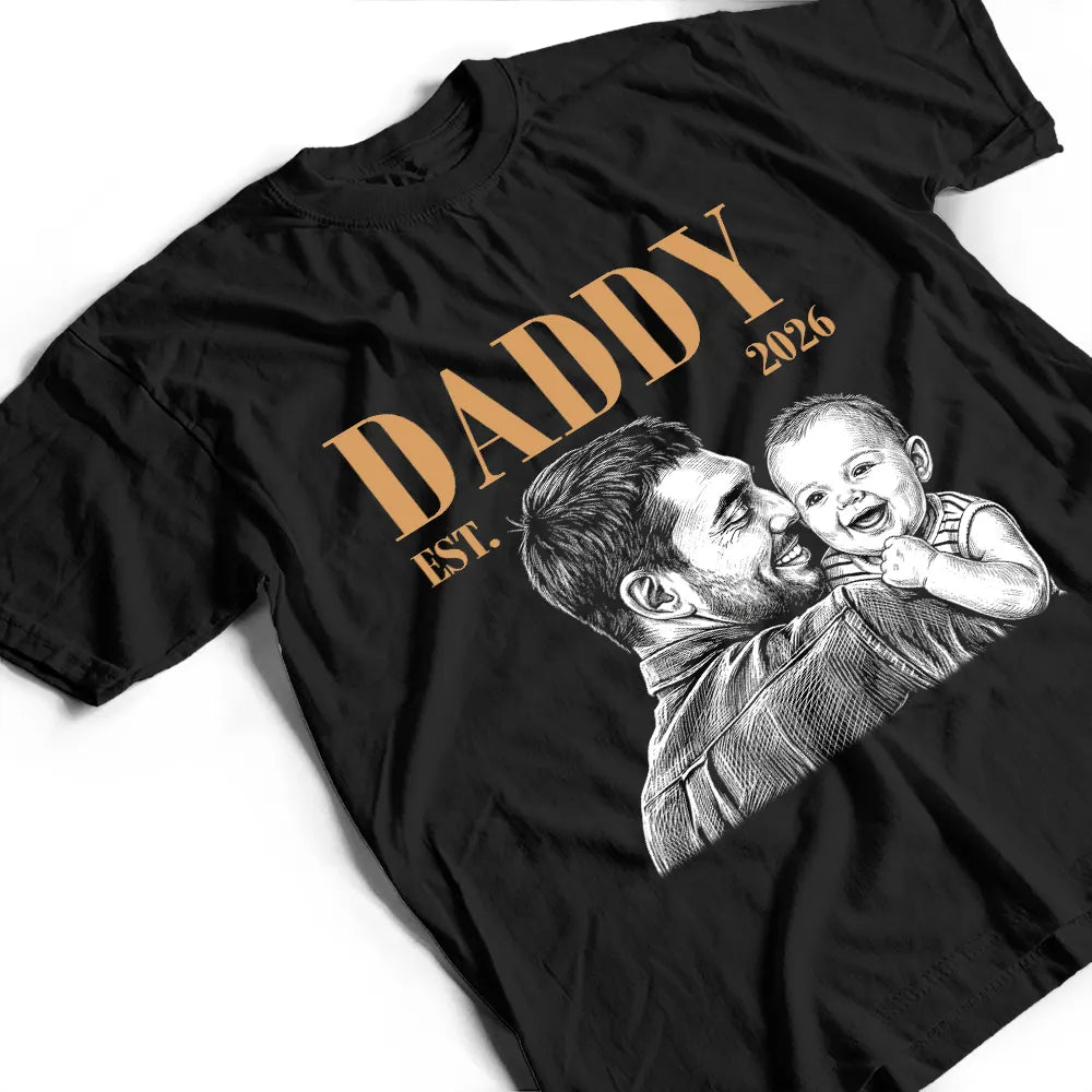 Gift For Father,Gift For Grandpa,Non-Eng,Photo - Pencil Sketch (Dark BG),Proud - Custom Photo White Pencil Sketch Art Daddy Grandpa Est Year - Personalized T Shirt