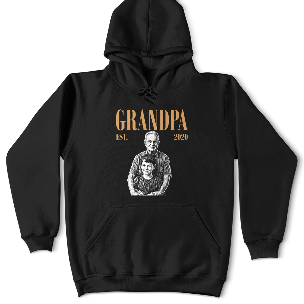 Gift For Father,Gift For Grandpa,Non-Eng,Photo - Pencil Sketch (Dark BG),Proud - Custom Photo White Pencil Sketch Art Daddy Grandpa Est Year - Personalized T Shirt