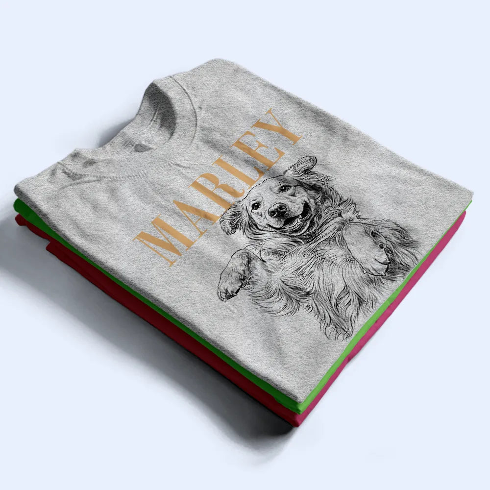 Pet Lovers,Pet Mom,Pet Dad,Dog Lovers,Dog Mom,Dog Dad,Cat Lovers,Cat Mom,Cat Dad,Non-Eng,Photo - Pencil Sketch (Dark BG),Humorous - Custom Photo White Pencil Sketch Art Dog Cat Portrait - Personalized T Shirt