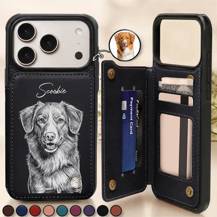 Custom Photo White Pencil Sketch Art For Dog And Cat Lovers - Personalized Leather Flip Wallet Phone Case