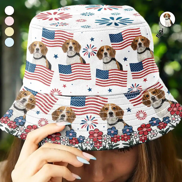 Gift For Yourself,Gift For Women,Gift For Men,Gift For Kids,Pet Lovers,Dog Lovers,Cat Lovers,Independence Day,Happy - Custom Photo With America Flags & Fireworks - Personalized Bucket Hat