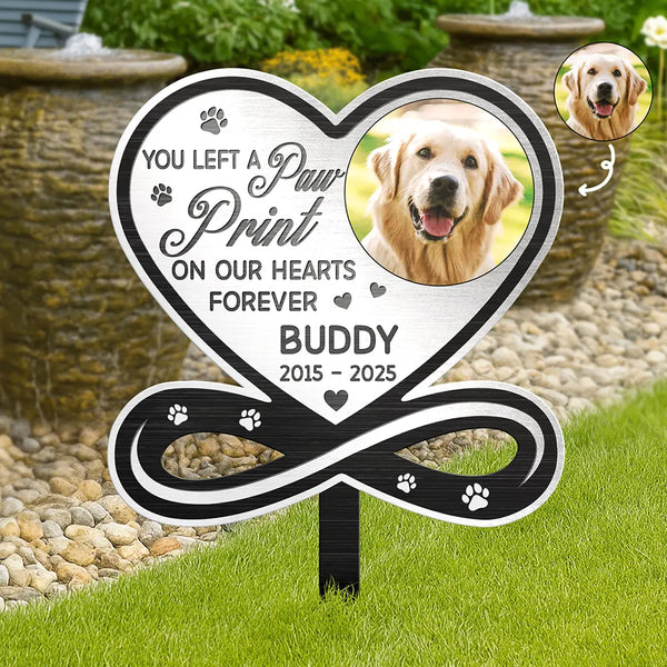 Sad,Memorial,Dog Lovers,Cat Lovers,Pet Lovers - Custom Photo You Left A Paw Print On Our Hearts Forever Memorial - Personalized Metal Garden Stake