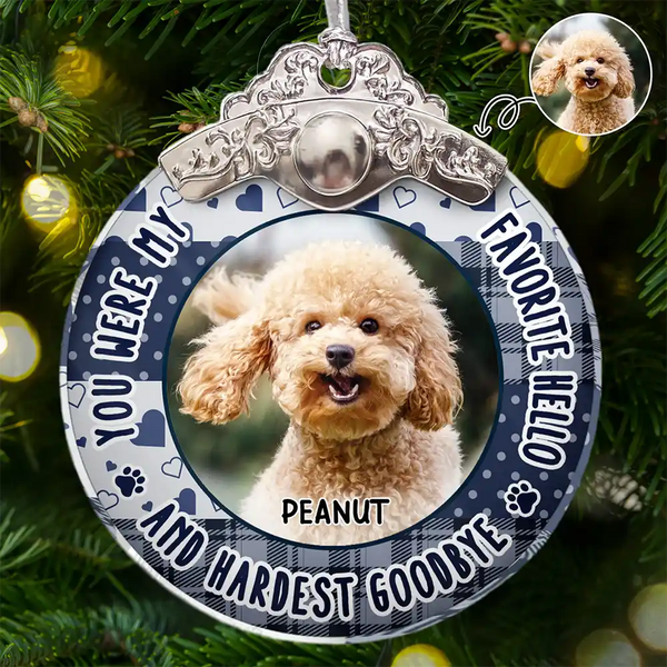 Sad, Christmas, Memorial, Dog Lovers -Custom Photo You Were Favorite Hello Memorial Pet - Personalized Glass Ornament With Silver Cap
