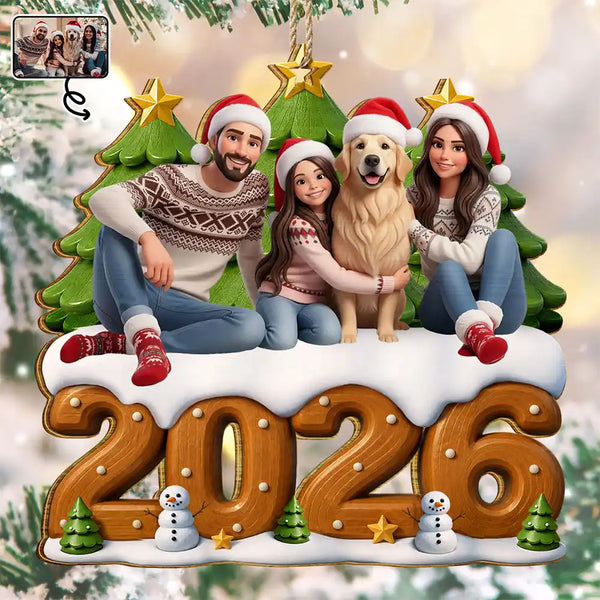Art Design, Christmas, Cozy, Family, Photo - Cartoon Portrait - Custom Photo Cartoon Portrait 3D Effect Christmas Family - Personalized Custom Shaped Wooden Ornament