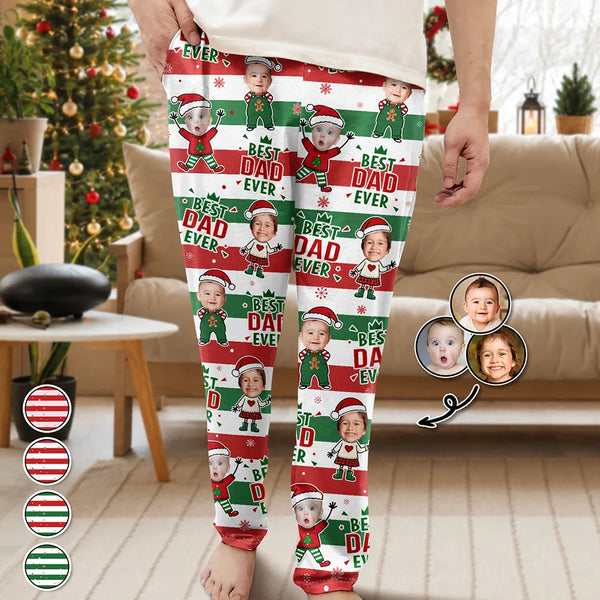 Gift For Father,Playful,Christmas,Custom Photo,Cut-Face Photo - Custom Photo Christmas Stripes Best Dad Mom Grandpa Grandma Ever - Personalized Pajama Pants