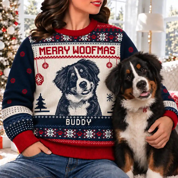 Art Design, Playful, Christmas, Pet Lovers, Photo - Knit-Style Line Art - Custom Photo Merry Christmas Cute Pet Portrait - Personalized Unisex Ugly Sweater