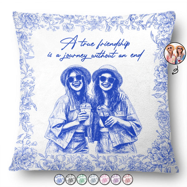 Custom Photo Pencil Sketch A True Friendship Is A Journey Without An End - Personalized Pillow