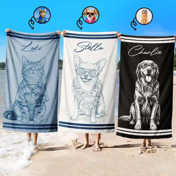 Custom Photo Pencil Sketch Besties Family Pet Funny Portrait - Personalized Beach Towel
