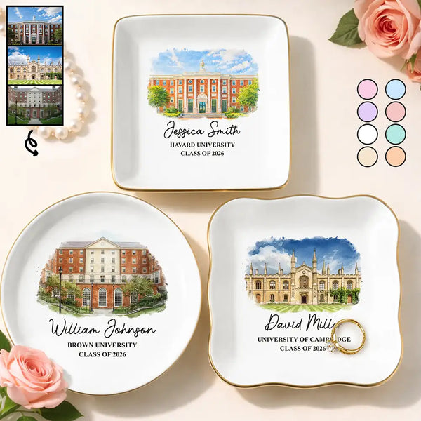 Gift For Women,Gift For Men,Graduation,Gift For Yourself,Happy,Photo - Watercolor (with BG) - Custom Photo Watercolor Painting University Image - Personalized Ring Dish