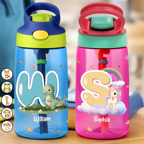 Back To School - Cute Animals with Letters - Personalized Kids Water Bottle With Straw
