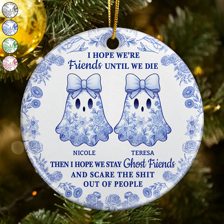 Cute Ghost Bestie Friends Until We Die Toile De Jouy Pattern - Personalized Circle Ceramic Ornament