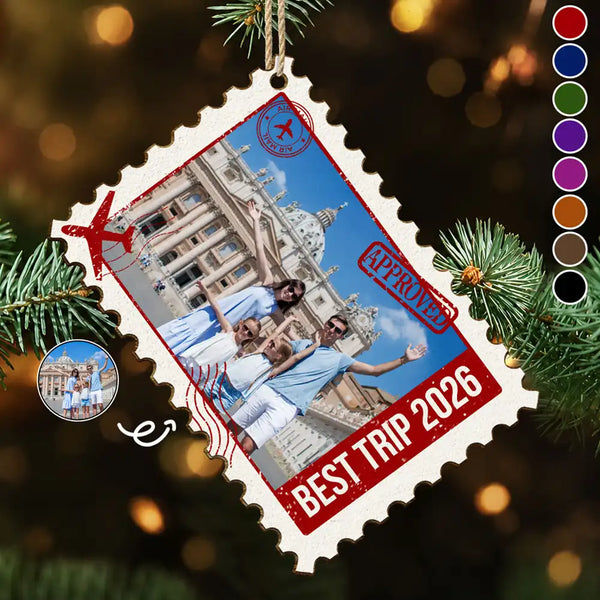 Christmas,Custom Photo,Family,Happy,Top Market,Travel,Upload Full Photo - Family Travel Christmas Gift - Personalized Custom Photo Postage Stamp Wooden Ornament