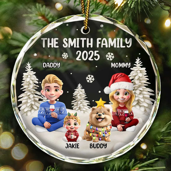 Happy, Gift For Couples, Gift For Husband, Gift For Wife, Parents, Family, Dog Lovers, Cat Lovers, Pet Lovers - Family Kid Cat Dog - Personalized Circle Glass Ornament