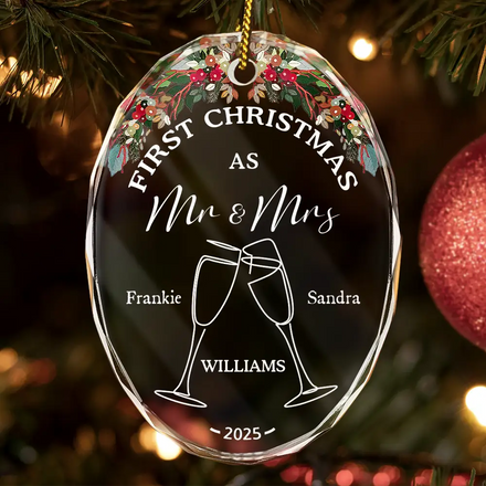 Champagne Cheer First Christmas Couple - Personalized Oval Glass Ornament