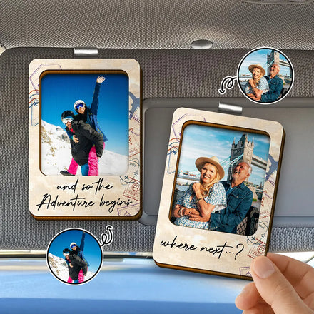 Custom Photo And So The Adventure Begins Traveling Couple - Personalized Custom Shaped Car Visor Clip