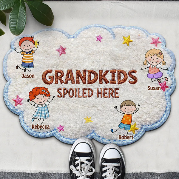 Gift For Grandma,Gift For Grandpa,Grandpa - Grandkids,Grandma - Grandkids,Gift For Women,Gift For Men,Happy,Stick Figure,Pet Lovers - Faux Embroidery Effect Stick Figures Spoiled Grandkids Live Here - Personalized Custom Shaped Doormat