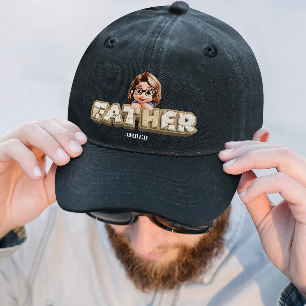 Gift For Grandpa,Grandpa - Grandkids,Gift For Father,Dad - Children,Non-Eng,Vector,Adorable - Vintage Map Grandpa Papa Dad 3D Effect Kids - Personalized Vintage Washed Denim Cap