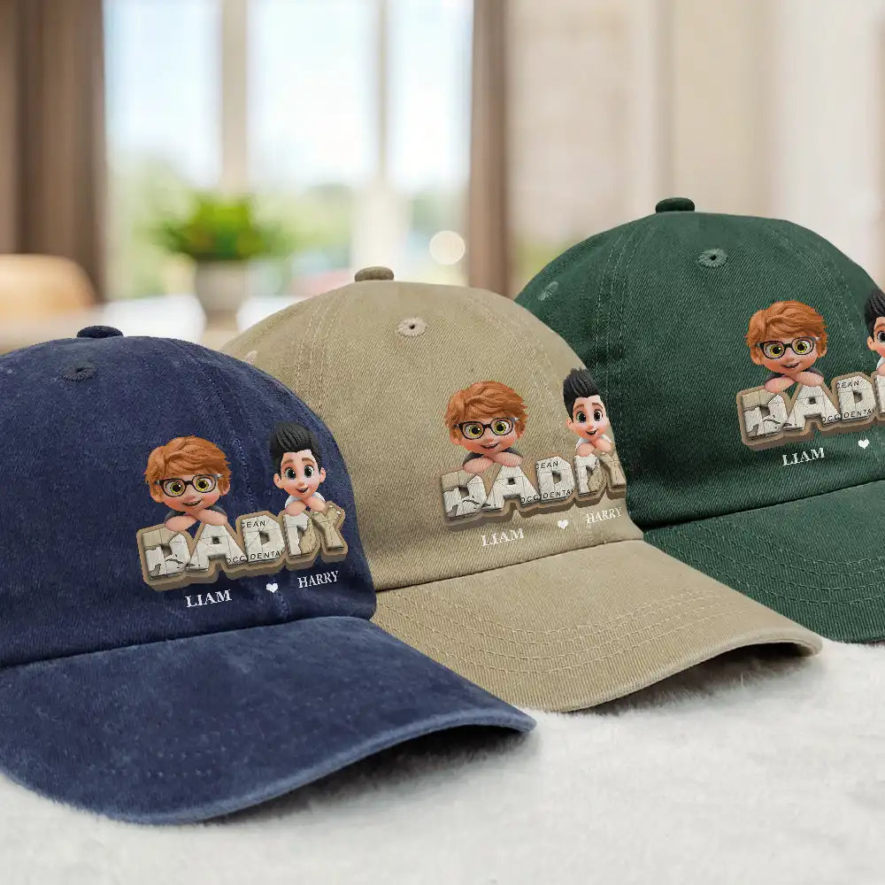 Gift For Grandpa,Grandpa - Grandkids,Gift For Father,Dad - Children,Non-Eng,Vector,Adorable - Vintage Map Grandpa Papa Dad 3D Effect Kids - Personalized Vintage Washed Denim Cap