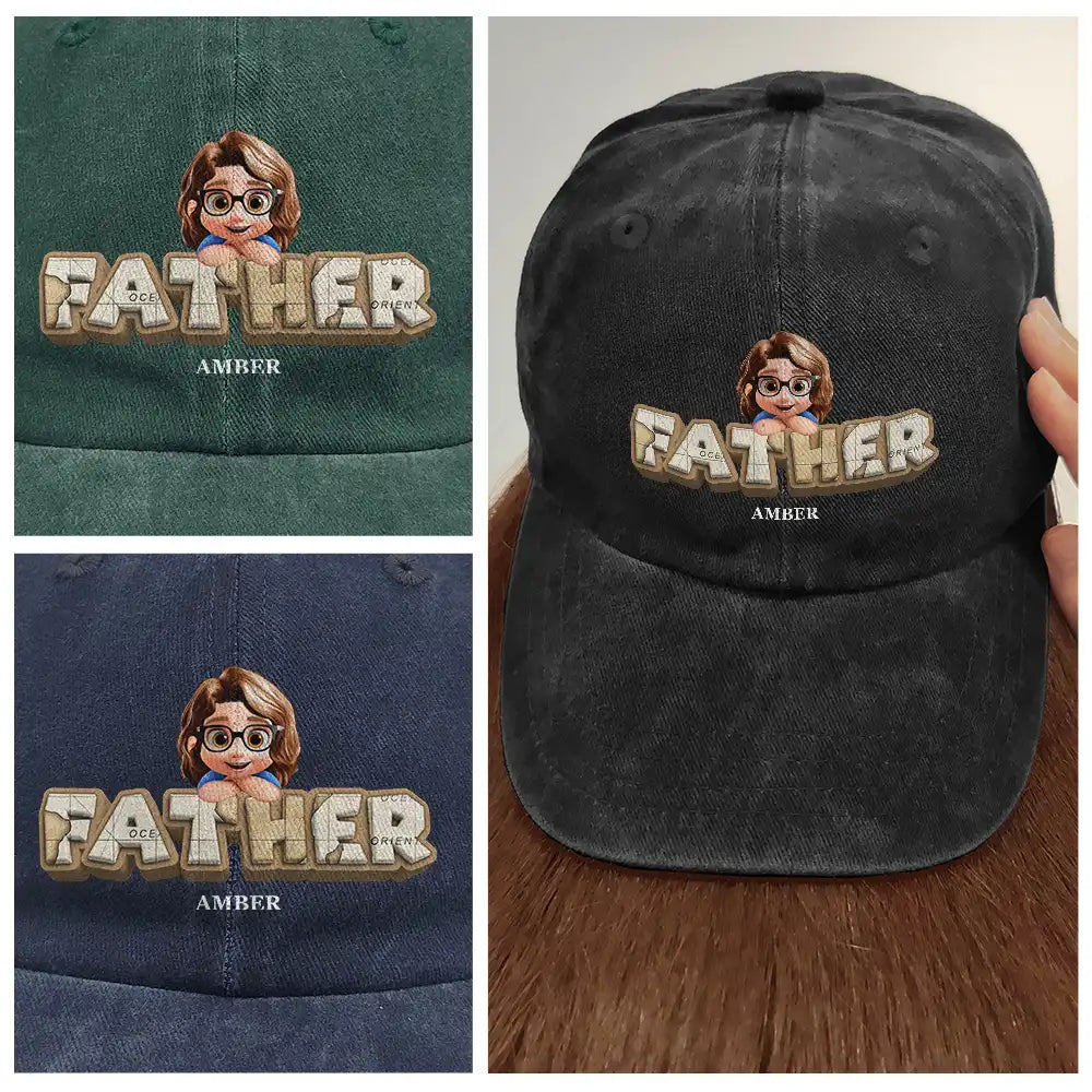 Gift For Grandpa,Grandpa - Grandkids,Gift For Father,Dad - Children,Non-Eng,Vector,Adorable - Vintage Map Grandpa Papa Dad 3D Effect Kids - Personalized Vintage Washed Denim Cap