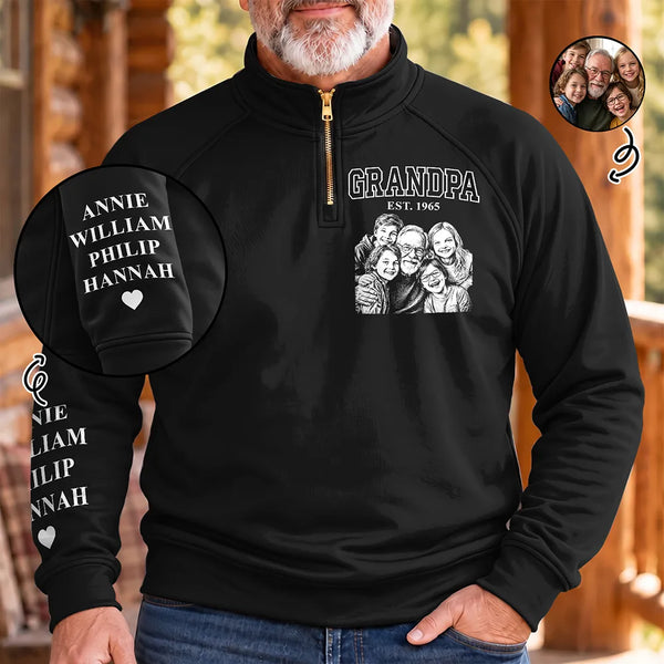 Art Design,Custom Photo,Gift For Grandpa,Gifts For Him,Happy,Photo - Pencil Sketch - Remove BG - Gift For Grandpa Papa - Personalized Custom Photo Pencil Sketch Grandkids Names Quarter Zip Sweatshirt