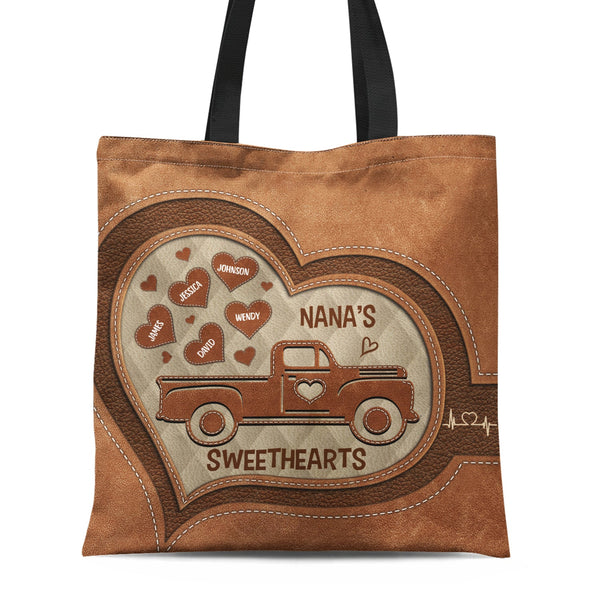 Nana's Sweethearts Leather Pattern - Gift For Grandma - Personalized Zippered Canvas Bag