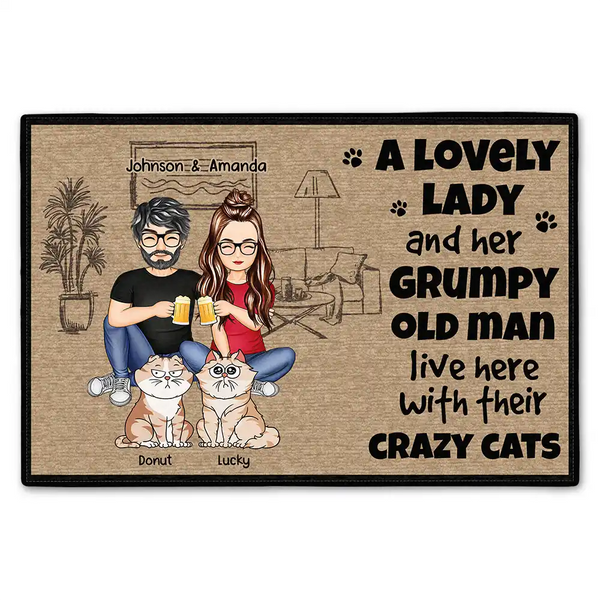 Cat Lovers, Cat Couple - Grumpy Old Man Lovely Lady Live Here - Personalized Doormat