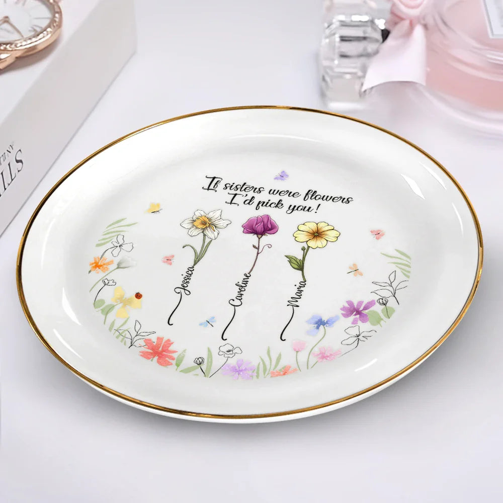 Gift For Sisters - Birth Flower Sisters From The Same Garden - Personalized Round Ring Dish