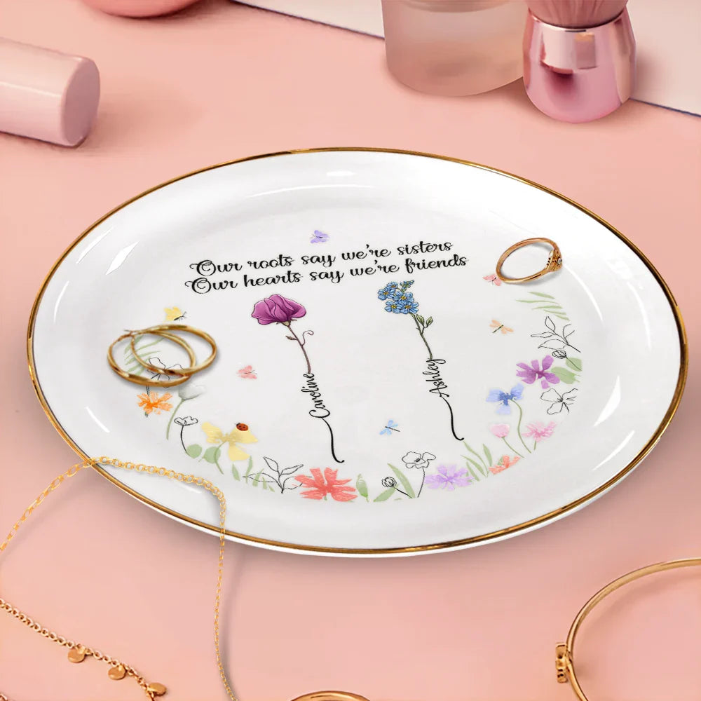 Gift For Sisters - Birth Flower Sisters From The Same Garden - Personalized Round Ring Dish