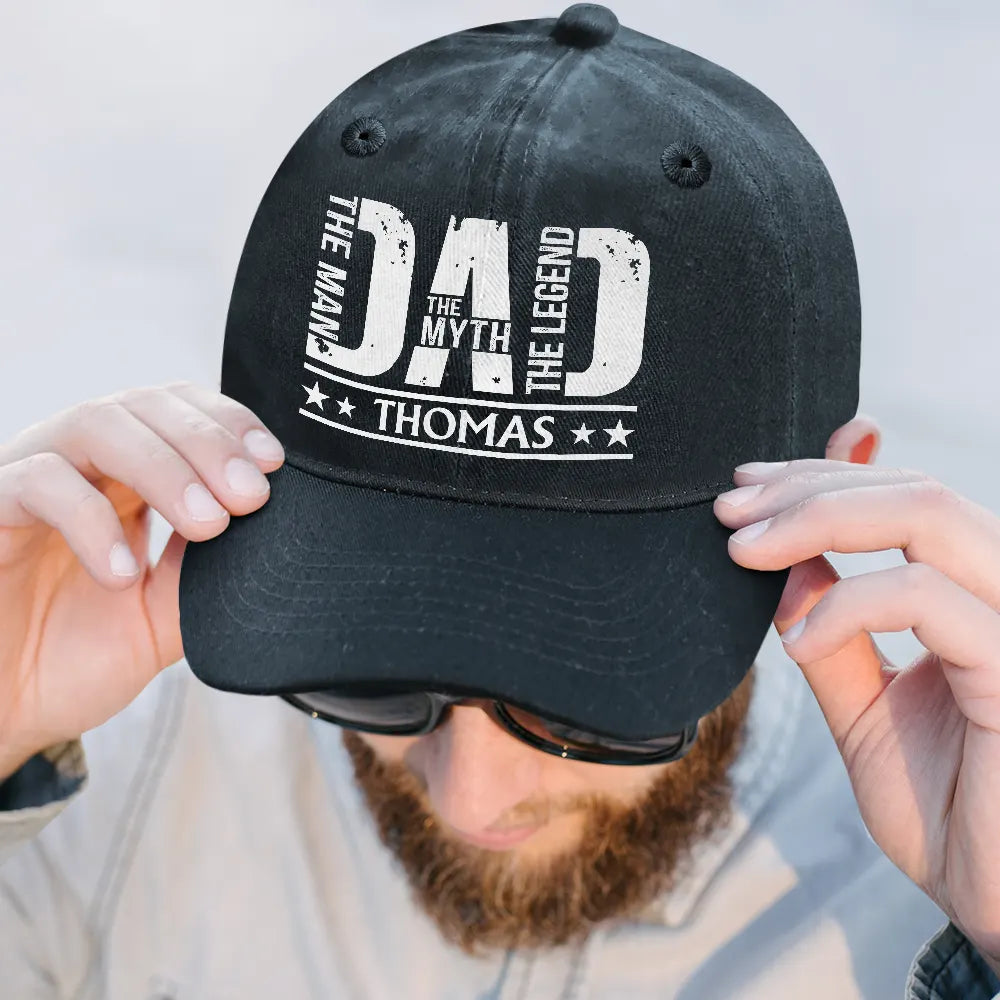 Gift For Father,Humorous,Custom Text - Dad The Man The Myth The Legend - Personalized Vintage Washed Denim Cap