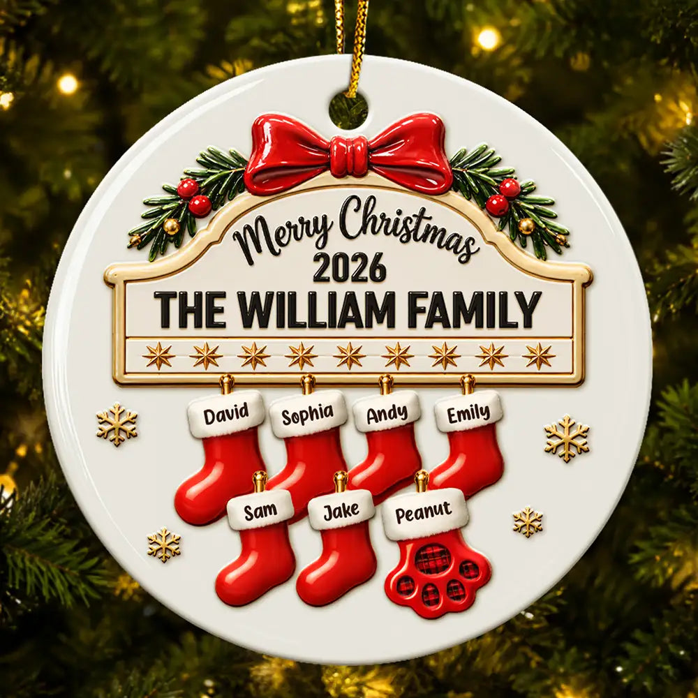Christmas,Family,Happy,Icon - Christmas Gift For Family - Personalized Christmas Stocking 3D Embossed Circle Ceramic Ornament