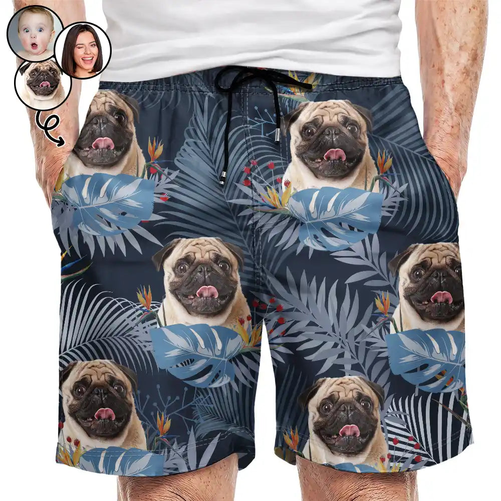 Custom Photo Funny Family Pet Face Tropical Leaf - Funny Gift For Pet Lovers, Dog Mom, Cat Mom, Dog Dad, Cat Dad - Personalized Unisex Beach Shorts