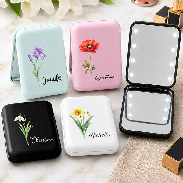 Gift For Women,Gift For Yourself,Gifts For Her,Grateful,Icon - Gift For Friends, Coworkers, Daughters, Sisters - Personalized Watercolor Birth Flower And Name LED Compact Mirror
