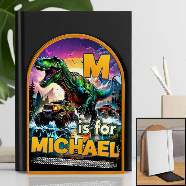 Happy,Gift For Kids - Dinosaur Big Trucks Kids - Personalized Wood Book Ends