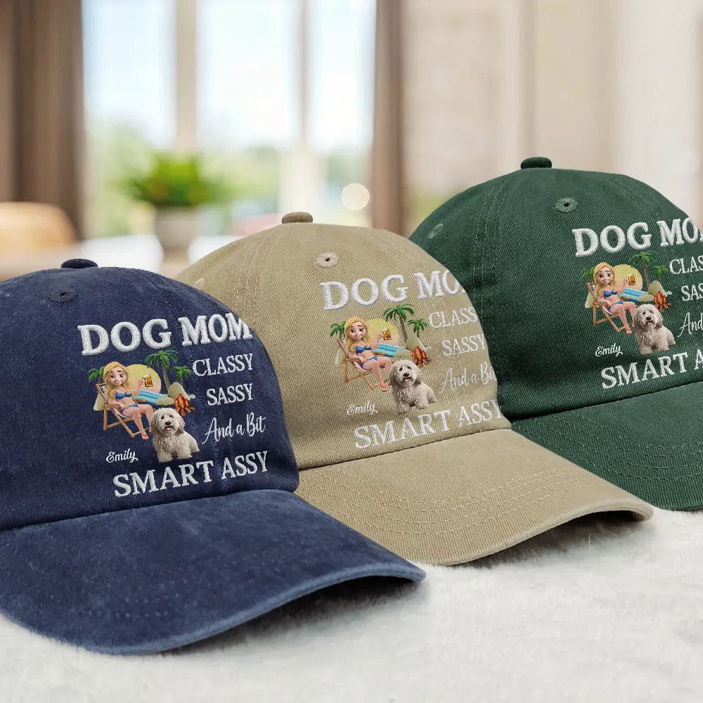 Pet Lovers,Pet Mom,Dog Lovers,Cat Lovers,Funny - Dog Mom Classy Sassy Faux Embroidery Effect - Personalized Vintage Washed Denim Cap