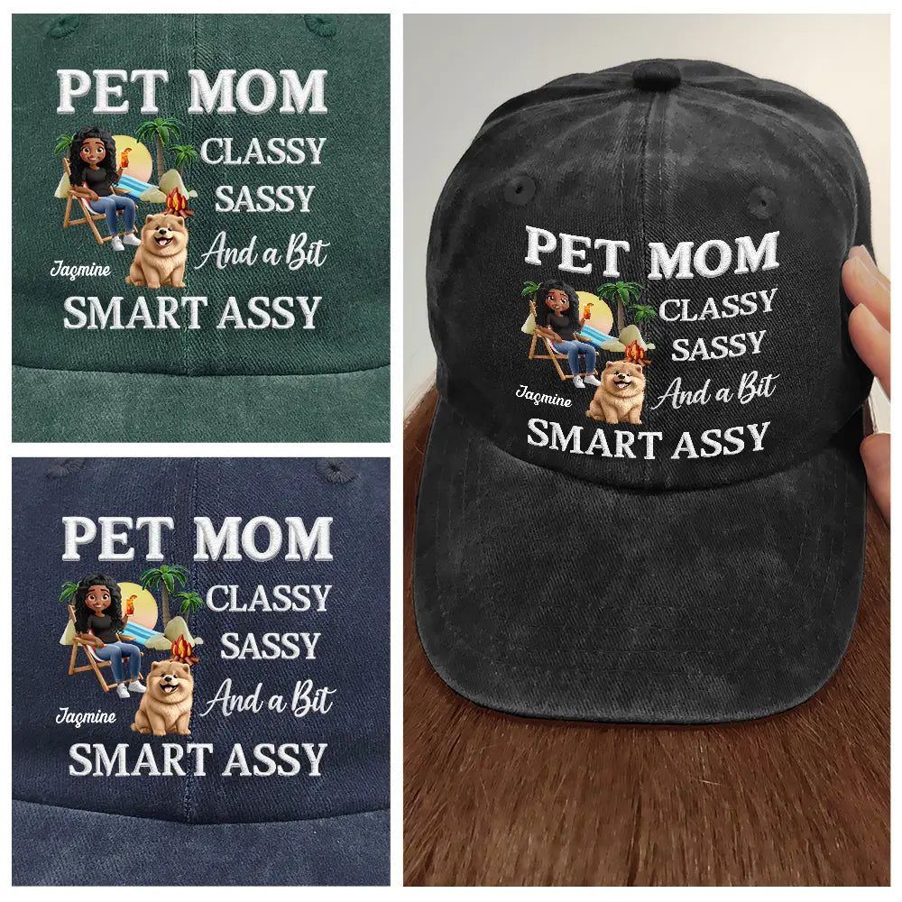 Pet Lovers,Pet Mom,Dog Lovers,Cat Lovers,Funny - Dog Mom Classy Sassy Faux Embroidery Effect - Personalized Vintage Washed Denim Cap