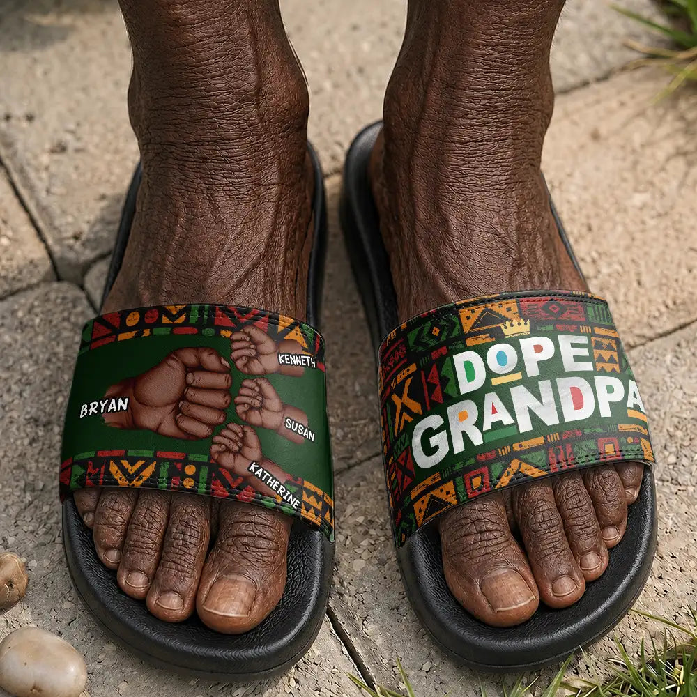 Gift For Father,Afro Dad,Summer,Top Market,Adorable,Icon - Dope Black Dad Grandpa Fist Bumps - Personalized Unisex Slides
