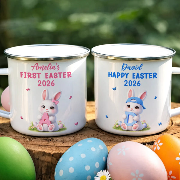 Gift For Kids,Grandma - Grandkids,Gift For Grandkids,Dad - Children,Mom - Children,Easter,Happy - Easter Bunny Holding Alphabet Letter - Personalized Enamel Mug