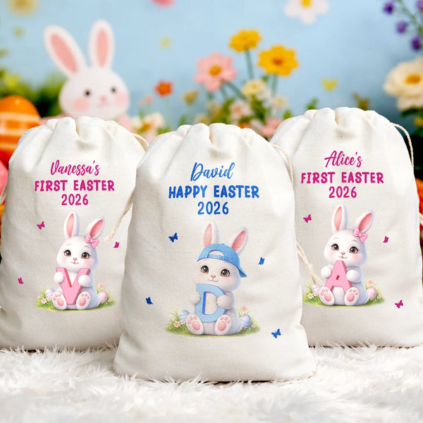 Gift For Kids,Grandma,Grandkids,Gift For Grandkids,Dad,Mom,Children,Easter,Happy - Easter Bunny Holding Alphabet Letter - Personalized Favor Bag