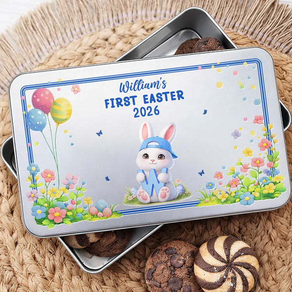 Gift For Kids,Grandma - Grandkids,Gift For Grandkids,Dad - Children,Mom - Children,Easter,Happy - Easter Bunny Holding Alphabet Letter - Personalized Metal Biscuit Tin