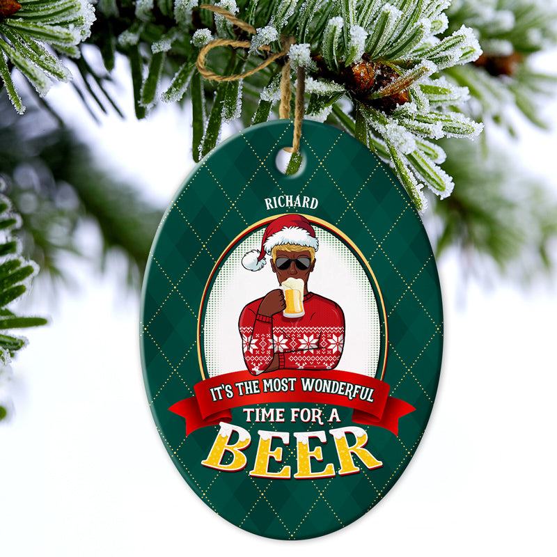 Most Wonderful Time Beer - Christmas Gifts - Personalized Custom Oval Ceramic Ornament