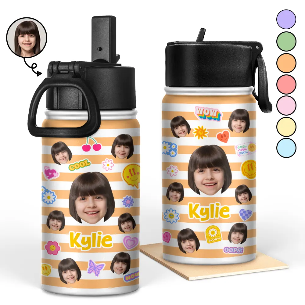 Custom Photo Stripes And Adorable Pattern - Personalized Kids Water Bottle